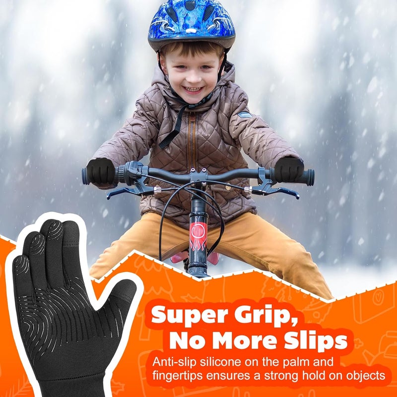 OOPOR Kid Winter Gloves with Grip - Boy Girl Wram Thermal Ski Touch Screen Bike Mittens Black 6-12 Year - Image 2